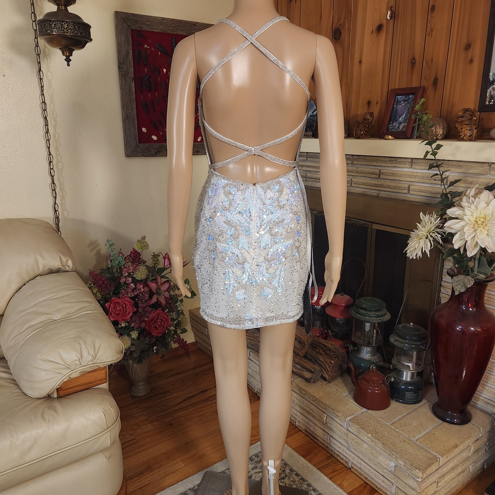 Sequin Embellished White Mini Dress with Spaghetti Straps - Picture 3 of 15